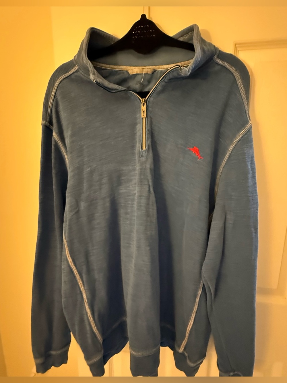 Tommy Bahama Men's Blue Quarter-Zip Pullover Sweater with Red Logo